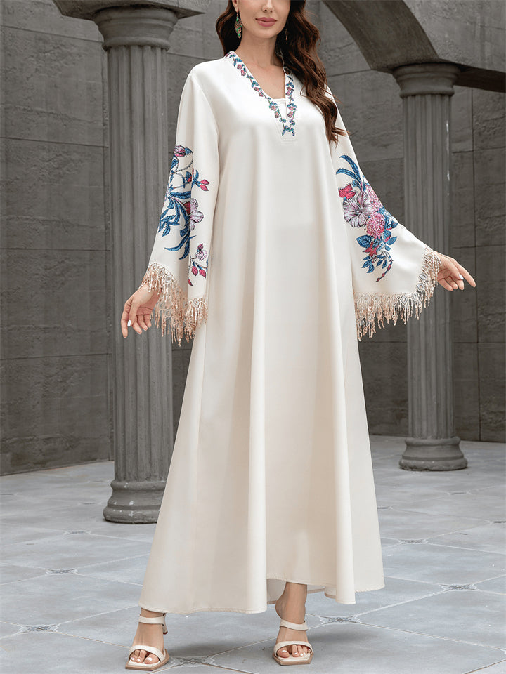 Women's Trendy Elegant Embroidery Fringe V Neck Muslim Robe Dress