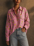 Women Pink Lemon Print Long Sleeve Button Down Pocket Blouses