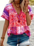 Summer V Neck Short Sleeve Floral Print Shirt for Women