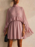 Women 2 Piece Chiffon High Neck Ruffle Mini Dress and Slip Set