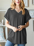 Women's Solid Color Pit Stripe V Neck Long Sleeve Shirts
