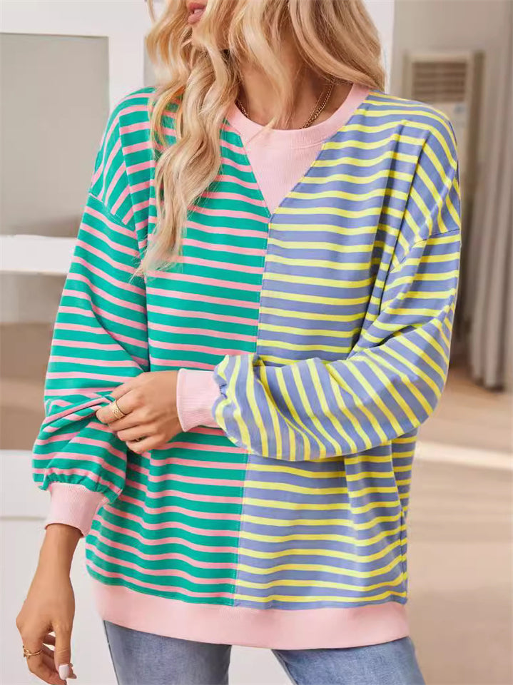 Women's Casual Contrast Color Stripe Long Sleeve Sweatshirts
