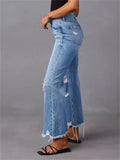 Street Ripped Holes Raw Edge Light Blue Jeans for Women
