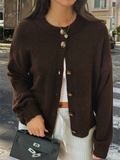 Ladies' Casual Simple Round Neck Button Long-sleeved Sweaters