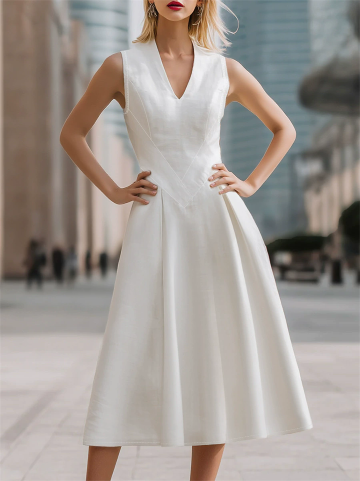 Ladies' Summer Elegant White V Neck Pleated Sleeveless Midi Dress