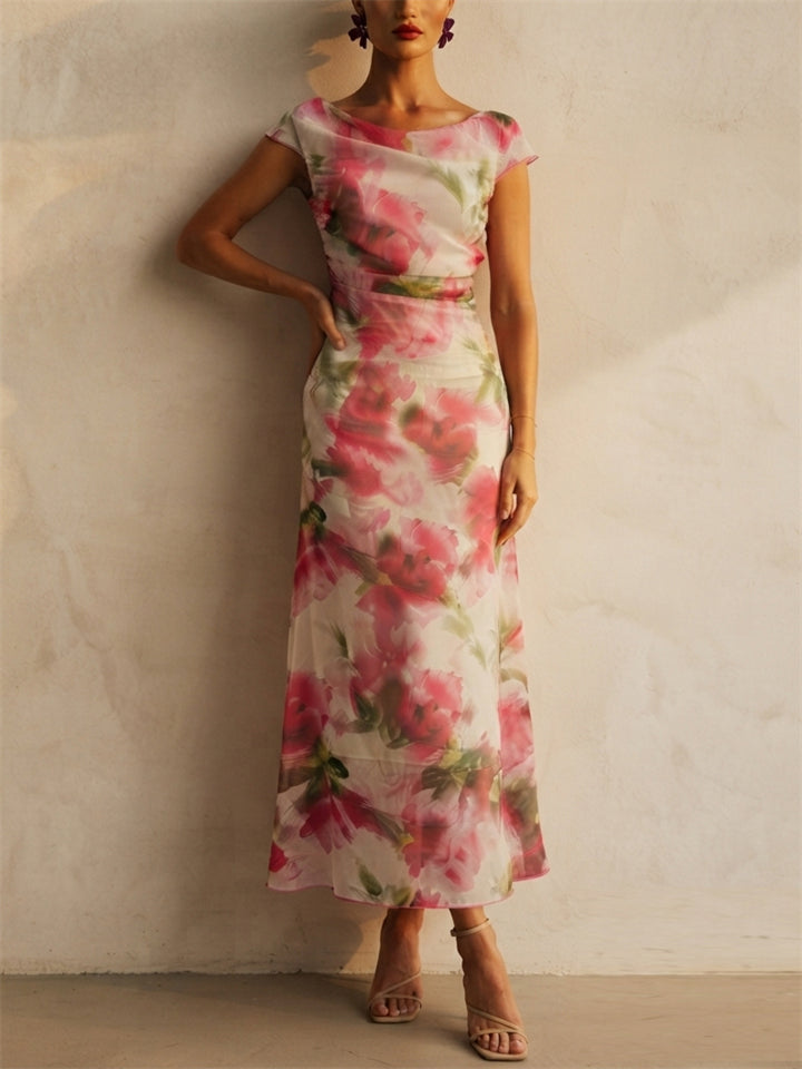 Womens Floral Ruched Mesh Cap Sleeve Elegant Midi Dress