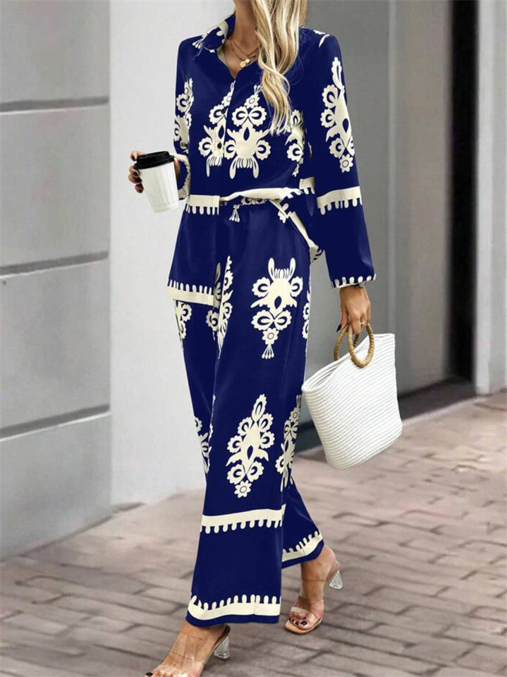 Women's Casual Ethnic Style Printed Long Sleeve Top & Wide Leg Pants Set