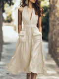 Women's Solid Color Holiday Style Sleeveless Pockets V Neck Dress