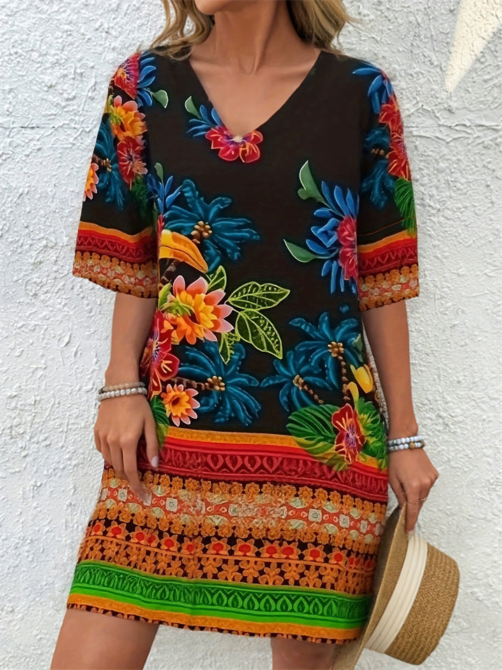 Women's Summer Ethnic Style Print Contrast Color V Neck Knee Length Dress