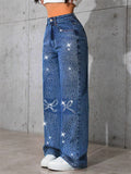 ‌Women's Streetwear High Waist Embellished 3D Bow Rhinestone Wide Leg Denim Pants