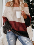 Lady Oversized Contrast Color Striped Knitted Off-shoulder Sweater