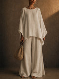Women Linen Blend 2 Piece Oversized Boho Batwing Top and Wide Leg Pants Set