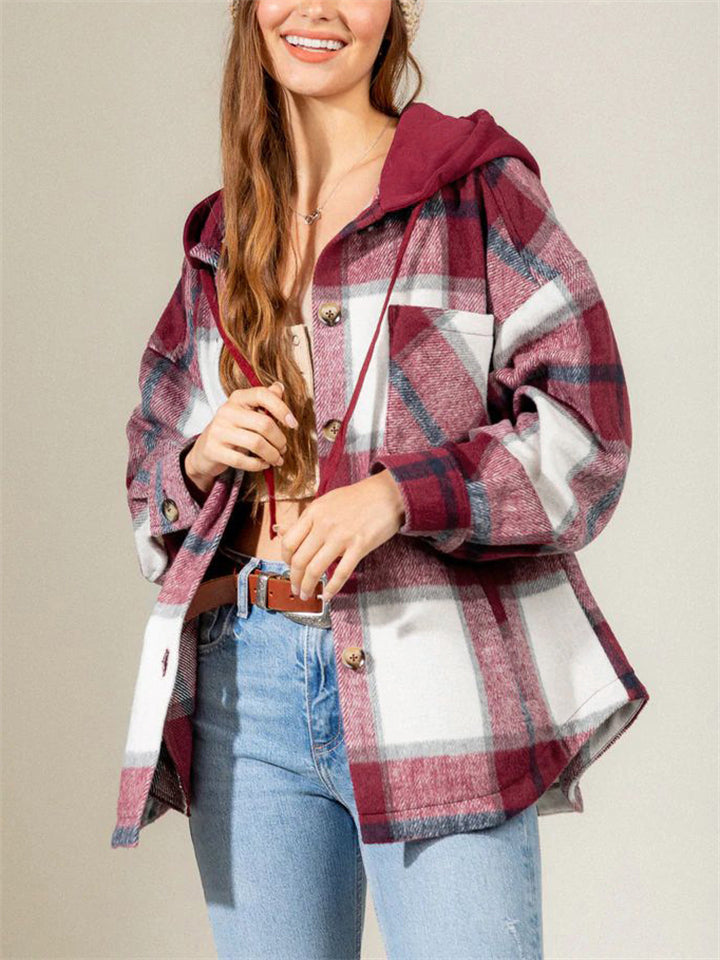 Autumn Winter Stylish Hooded Plaid Coats for Ladies
