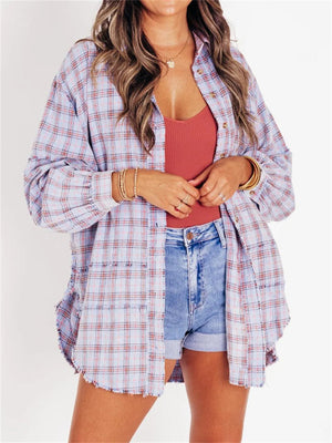 Women's Button Up Lantern Sleeve Fringed Plaid Blouse