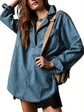 Women's Autumn Distressed Solid Color V Neck Pullover Denim Shirts