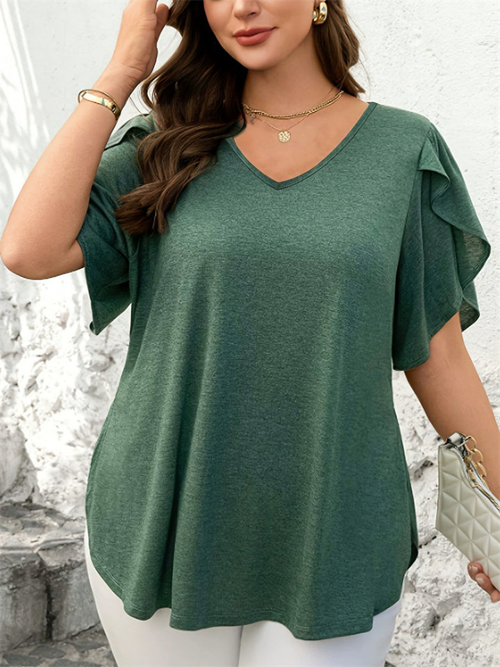 Plus Size Women's Loose Green Color V Neck Short Sleeve T-Shirt