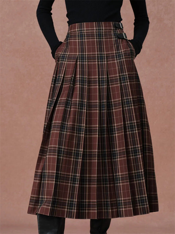 Vintage Autumn Plaid High Waist Pleated Skirt for Women