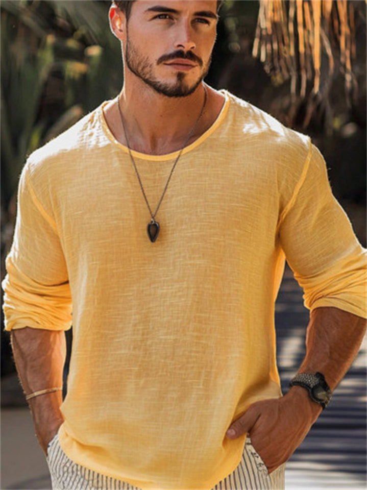 Men's Casual Yellow Solid Color Round Neck Long Sleeve Shirts