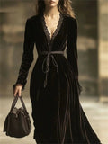 ‌Women's French Style V Neck Black Velvet Lace Trim Dress