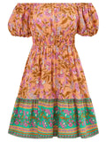 Bohemian Off Shoulder Puff Sleeve Print Beach Dress for Lady