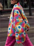 Women's Contrast Color Rainbow Flowers Print Long Sleeve Cardigan Coat