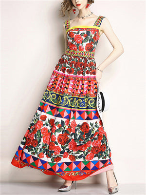 Vintage Rose Rhombus Print Strappy Dress for Women