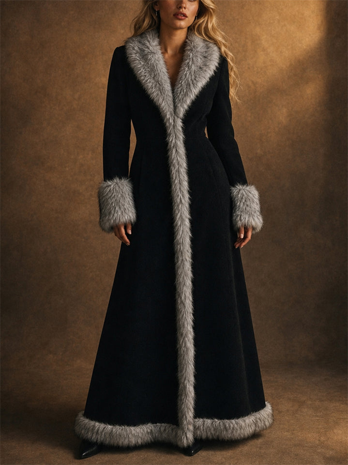 Women Elegant Gray Faux Fur Trimmed Black Suede Floor Length Coats