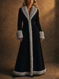 Women Elegant Gray Faux Fur Trimmed Black Suede Floor Length Coats