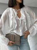Women's French Style See Through Ruffle V-Neck Blouses