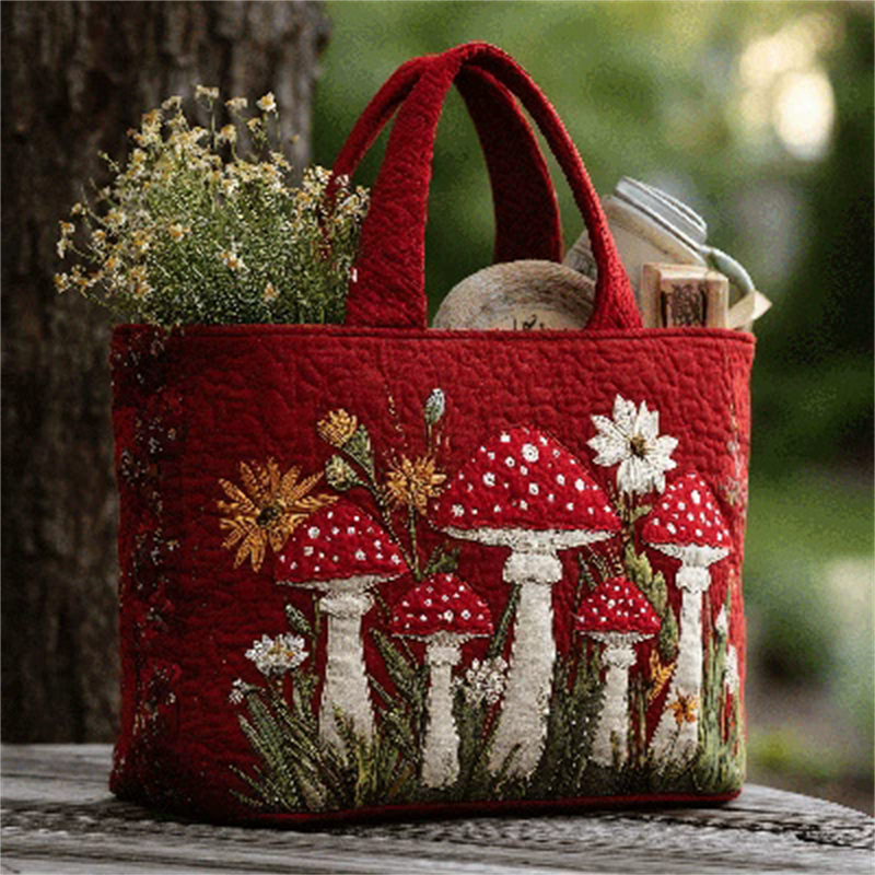 Red Mushroom Print Canvas Tote Bag for Women