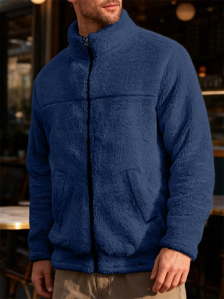 Men's Casual Outdoor Solid Color Zip Up Stand Collar Fleece Coats