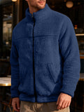 Men's Casual Outdoor Solid Color Zip Up Stand Collar Fleece Coats