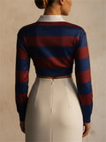 Women Striped Long Sleeve Rugby Polo Crop Top
