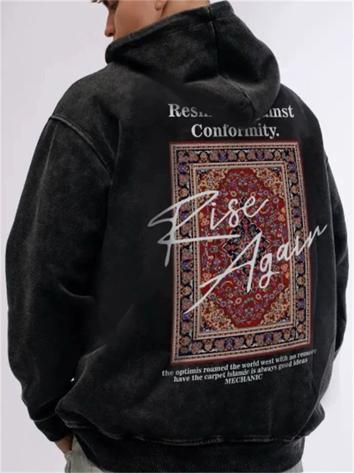 Men's Autumn Retro Black Printed Zip Up Long Sleeve Hoodie