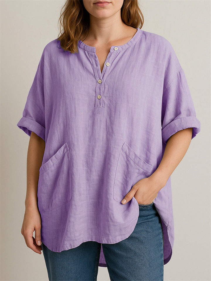 Women's Casual Comfy Solid Color Pockets 3/4 Sleeve Shirt