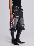 Women's Retro Black Contrast Color Ripped Jeans
