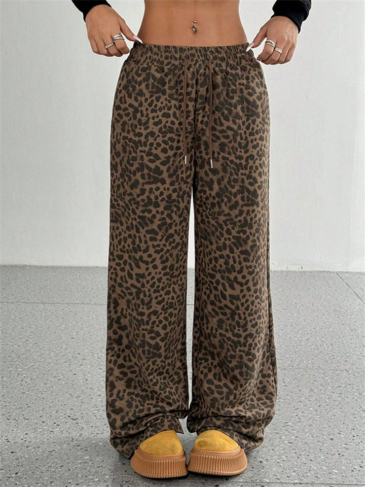 Women's Retro Street Drawstring Leopard Printed Wide Leg Pants