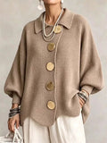 Women Oversized Knit Cardigan Gold Button Collared Sweater