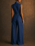 Womens 70s Retro Sleeveless Zip Wide Leg Denim Jumpsuit