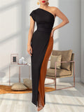 Women's Contrast Color One-Shoulder Floor Length Dress