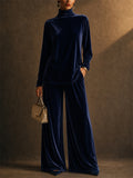 Women Vintage Velvet Turtleneck Top and Wide Leg Pants 2 Piece Lounge Set