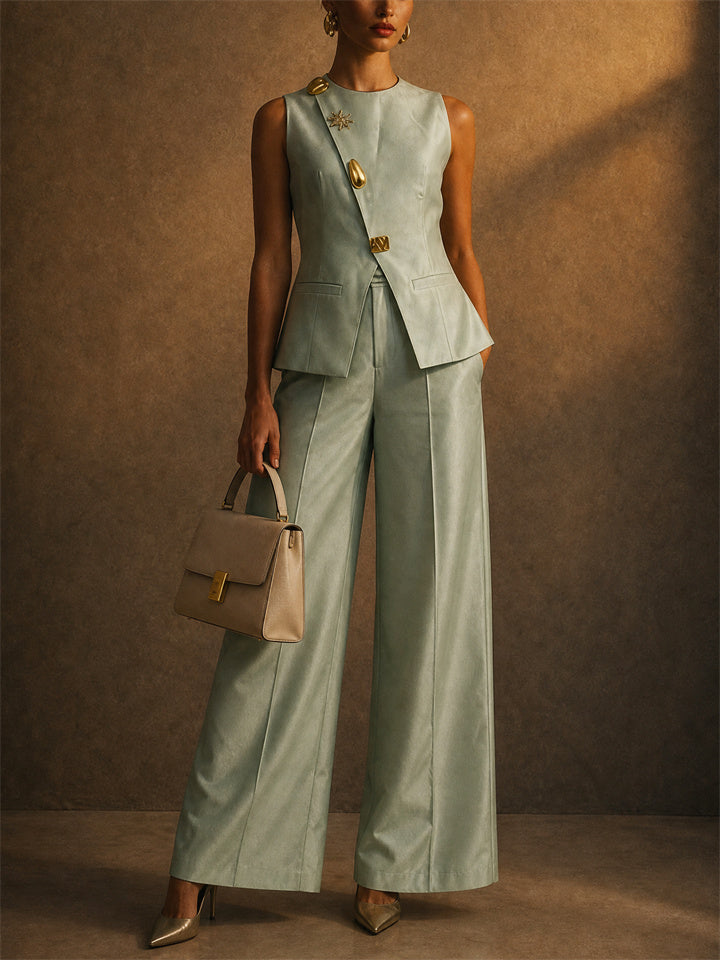 Womens Tailored Vest and Wide Leg Pants Two Piece Suit Set
