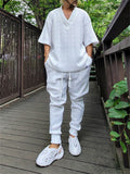 Men's Thin Knitted V-neck Tops & Drawstring Trouser Set