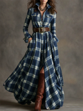 French Style Vintage Buttons Plaid Maxi Shirt Dress for Women