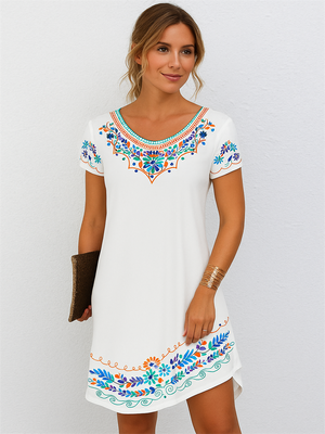 Floral Printed Short Sleeve Round Neck Dresses