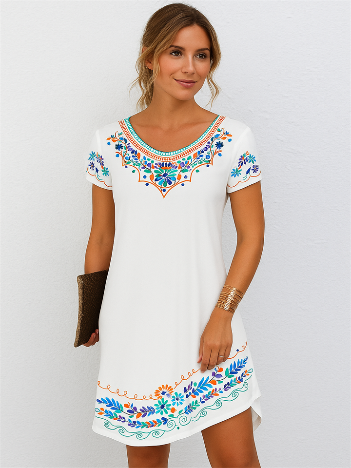 Floral Printed Short Sleeve Round Neck Dresses