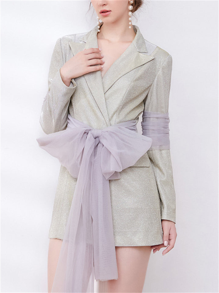 Women's Long Sleeve Tulle Patchwork Bling Tie-waist Mini Dress