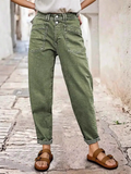 Women's Green Stylish Casual Mid Waist Loose Fit Utility Cargo Denim Pants