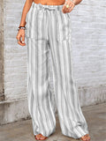 Women's Summer Stripe Pockets Drawstring Wide Leg Pants