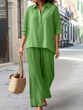 Women's 2Pcs Solid Color Casual Lapel Long Sleeve Shirt &Pants Set